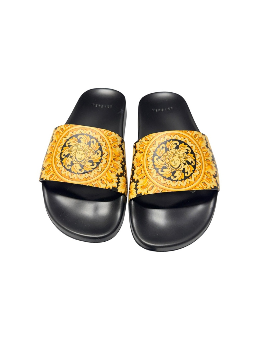 VERSACE Medusa Head Baroque Print Pool Slides 37 7 Black Gold Open Toe Sandals